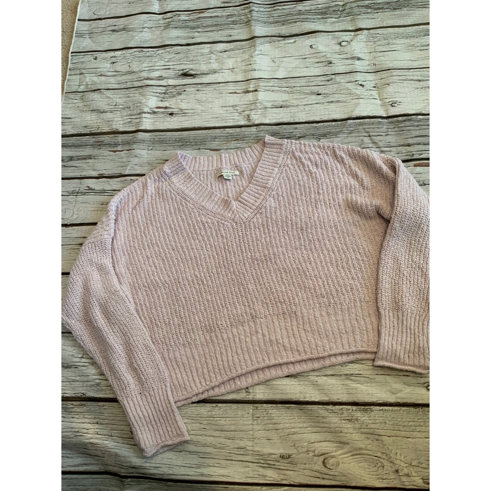 American Eagle Lavender Lilac Shaker Knit V-Neck Cropped Sweater Womens Small